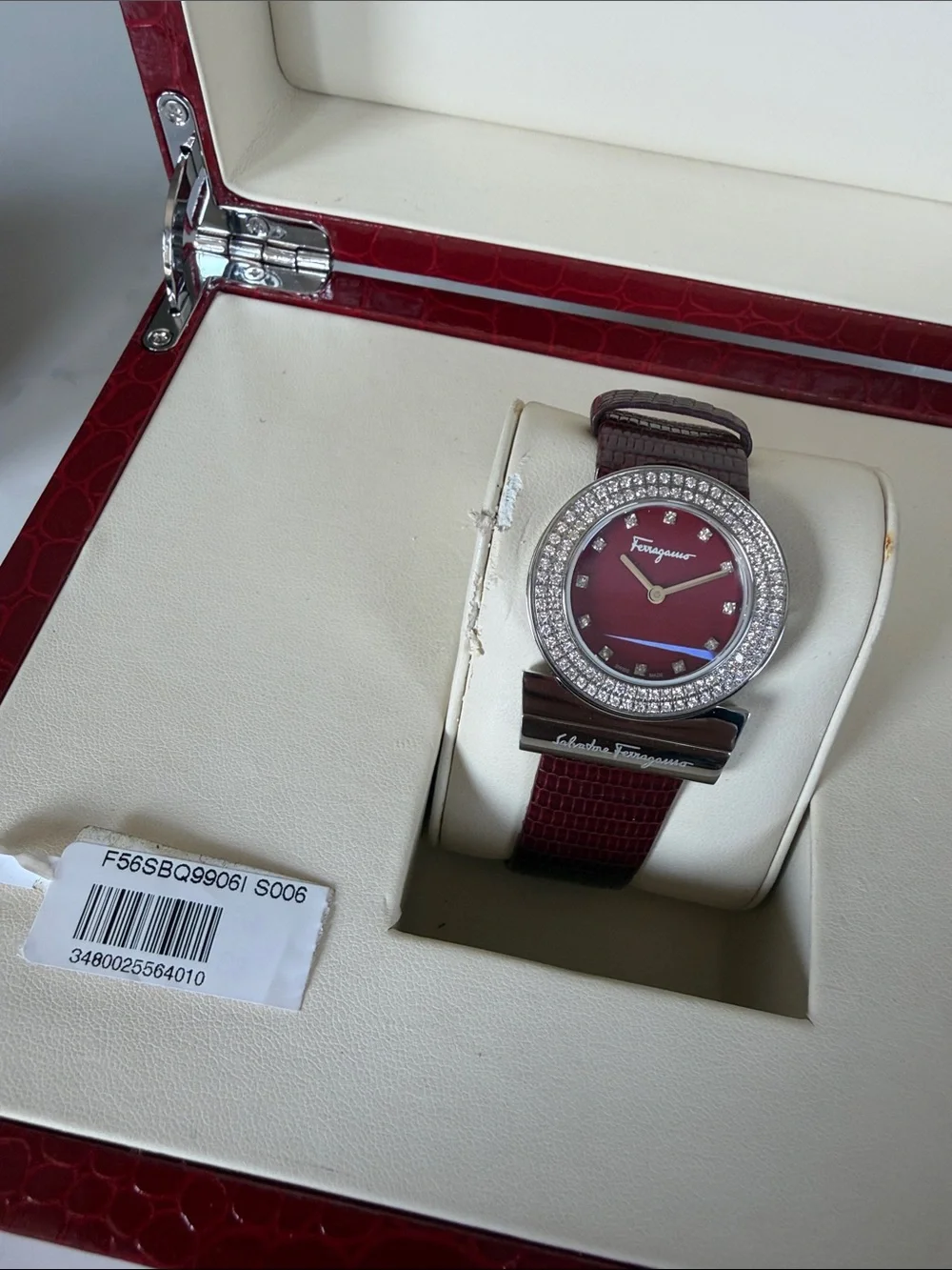 Salvatore Ferragamo Burgundy Lizard Leather & diamond Bezel Ladies Watch
